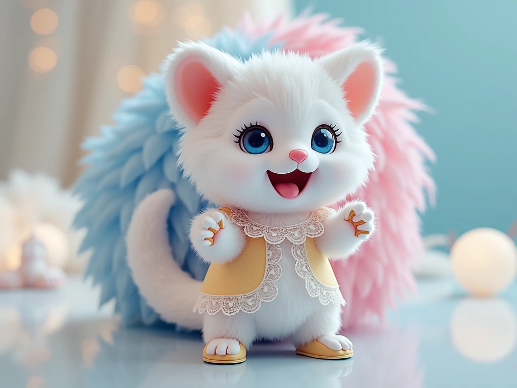  full length,do not cut your head,plush very fluffy cat, White wool, like a stoat, Stands on its hind legs, in a yellow lace dress, yellow shoes, blue doll eyes with big eyelashes, smiles with open mouth, speaks, moves his paws, spreading out the sides, 3D стиль, 8k , 4K, HD, clean background, style, I guess, votive