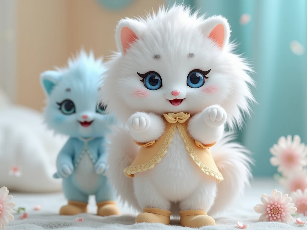  full length,do not cut your head,plush very fluffy cat, White wool, like a stoat, Stands on its hind legs, in a yellow lace dress, yellow shoes, blue doll eyes with big eyelashes, smiles with open mouth, speaks, moves his paws, spreading out the sides, 3D стиль, 8k , 4K, HD, clean background, style, I guess, votive