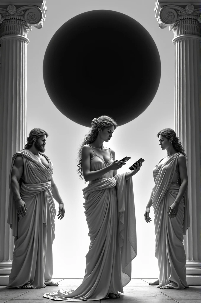 The goddess Aphrodite with a cell phone in her hand requesting an application service, the God Hercules on her right hand and the goddess Aphrodite on her left hand, all surrounded by three columns and the black Sun in the background in grayscale