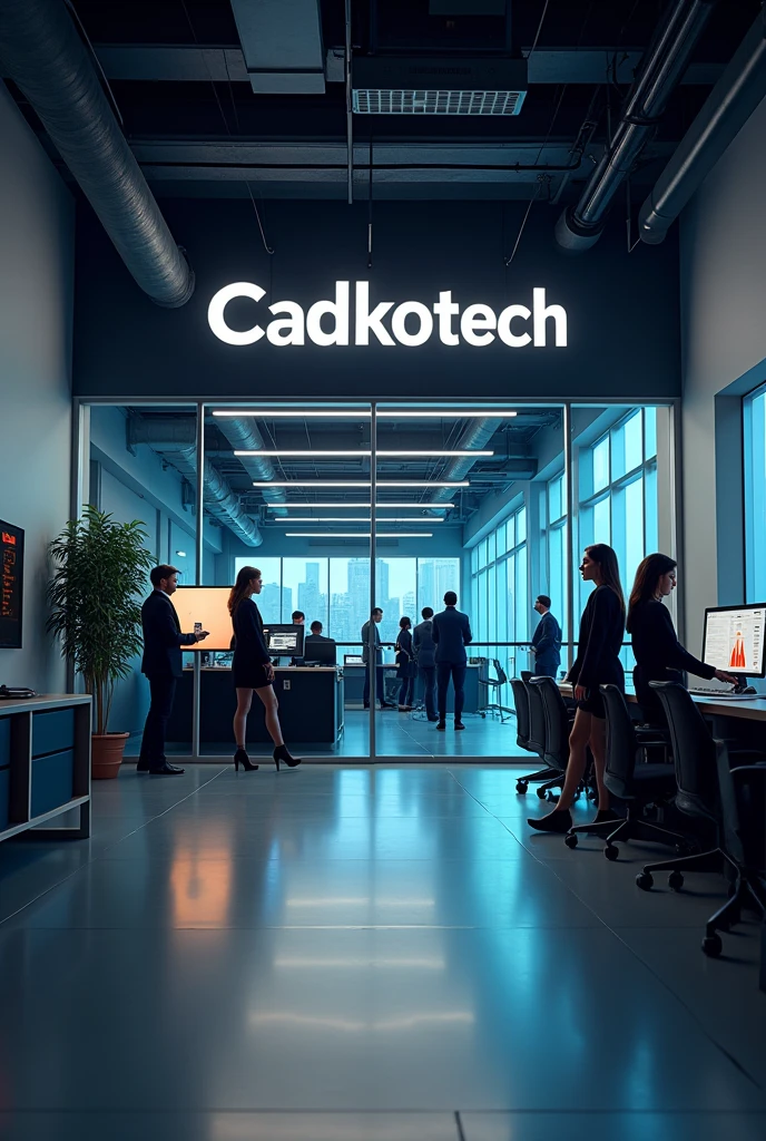 I want to create a new office design photo with the logo cadkotech with beautiful and sexy girls. We work in mechanics. We have 7 male members. We have 7 male members. Office about 100 m2 sexy girl