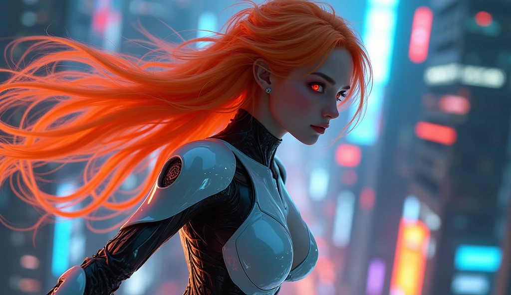 （nude）(software), Intricate details, One girl, night, (Bright neon colors), ((Flying over a futuristic cyberpunk city)), Detailed Background, (Petite cyborg girl, ((Cute perfect face, Bright red eyes)), (Perfect Anatomy,  and firm breasts), (Extremely long orange and white gradient hair, Hair blowing in the wind)), Detailed ribbed impossible bodysuit, Shoulder Armor, Cybernetic limbs, Dynamic Angle, 