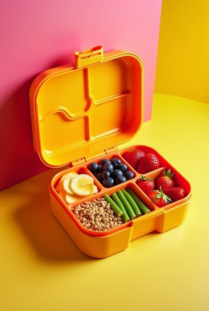 A lunch box for people with milk allergies, eggs, Wheat, peanuts, banana and strawberry. Very colorful and with homemade recipes