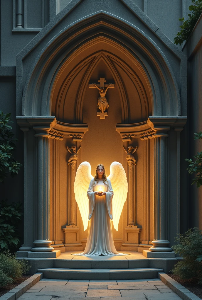A small concrete chapel of the Stations of the Cross with a Gothic structure with an angel with a lamp illuminating the image