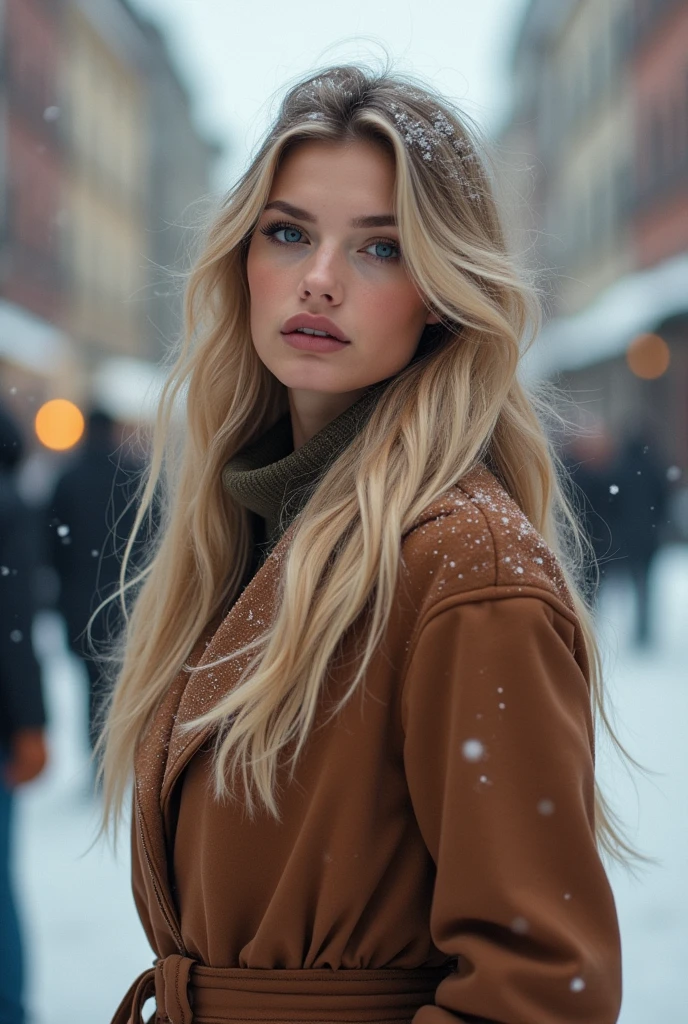 professional portrait photograph of a gorgeous Norwegian girl in winter clothing with long wavy blonde hair, sultry flirty look, gorgeous symmetrical face, cute natural makeup, wearing elegant warm winter fashion clothing, ((I&#39;m standing on a snowy city street)), Stunning modern urban environment, ultra realistic, conceptual art, elegant, very detailed, difficult, sharp focus, depth of field, f/1. 8, 85 mm, medium shot, medium shot, (((professionally color graded))), bright soft diffused light, (volumetric fog), trend on instagram, HDR 4К, 8 K
