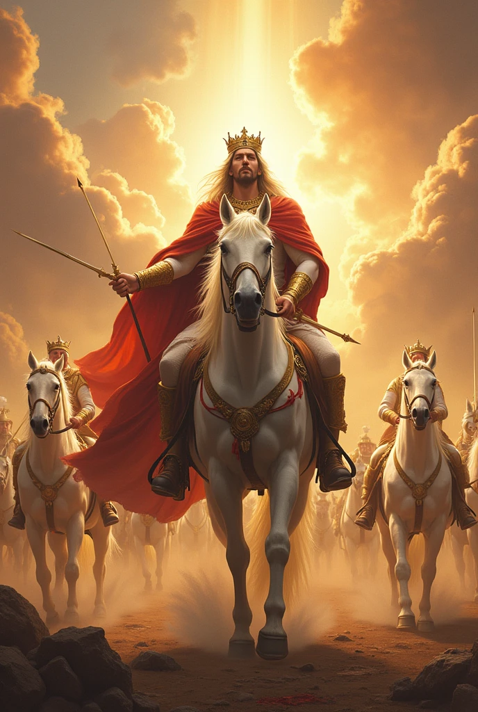 "Then I saw the sky open, And there was a white horse. His rider was called Faithful and True, because he judges with righteousness and wages a just war. His eyes were like flames of fire, and he wore many crowns on his head. He had a name written on him that no one understood except himself.. He was wearing a robe soaked in blood., and its title was "the Word of God". The armies of heaven dressed in the finest white linen followed him on white horses.. From his mouth came a sharp sword to strike down nations. He will rule them with a rod of iron and unleash the fury of God's wrath, the almighty, like the juice that runs from the winepress. In the tunic, thigh high, the title was written: «King of kings and Lord of lords»."