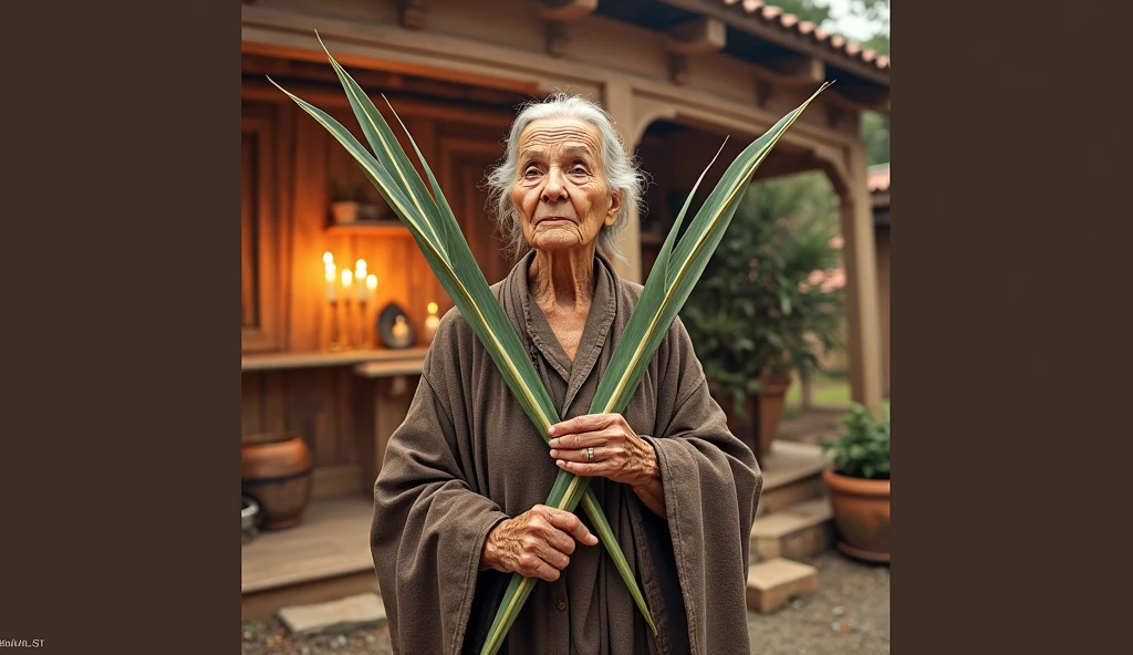 ultra realistic elderly woman healer with two long plants in the shape of thin spears, crossing like an x in front of your chest. The plant is green with medium green and dark green stripes throughout.. In the background, a house with a shelf with saints and lit candles.. convey depth.