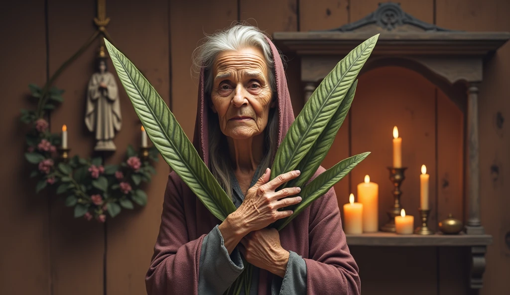 ultra realistic elderly woman healer with two long plants in the shape of thin spears, crossing like an x in front of your chest. The plant is green with medium green and dark green stripes throughout.. In the background, a house with a shelf with saints and lit candles.. convey depth.