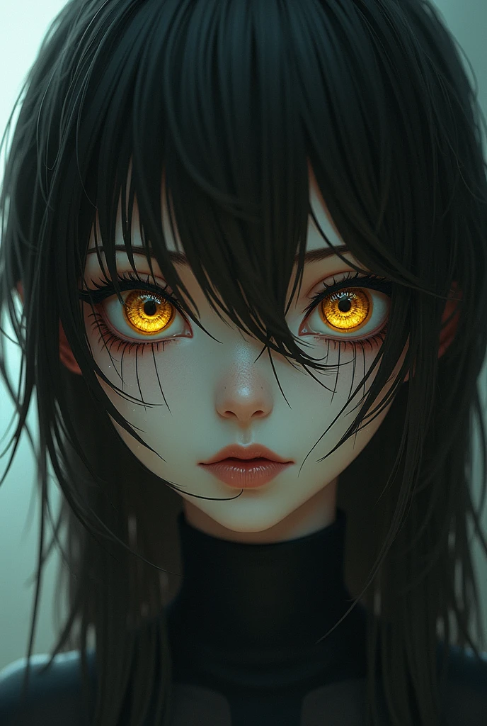 Cockroach girl with 20 years, black eyes with yellow irises, Brown hair, defiant look, unattractive anime type
