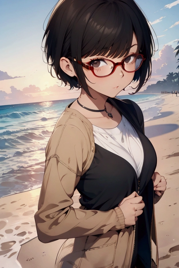 woman,short hair,Wear glasses,brown hair,casual clothes,With bangs.,Beach vacation background,Black Eyes,About 