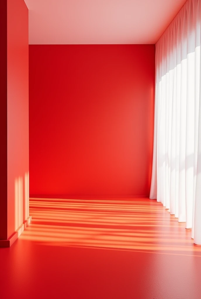Room with red floor, white roof, rouge vif colored walls and white curtains