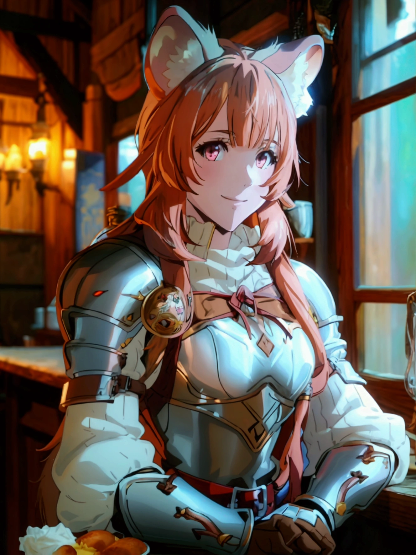 masterpiece, vibrant colours, hd, highres, absurdres, best quality, detailed, sharp, raphtalia, long hair, bangs, brown hair, animal ears, raccoon ears, raccoon tail, raccoon girl, pink eyes, smile, long sleeves, sweater, ribbed sweater, puffy sleeves, breastplate, red ribbon, gauntlets, glove, brown gloves, belt, skirt, armor, indoors, tavern, medieval, coffee, nature, looking at viewer, cowboy shot, dutch angle, dynamic pose,