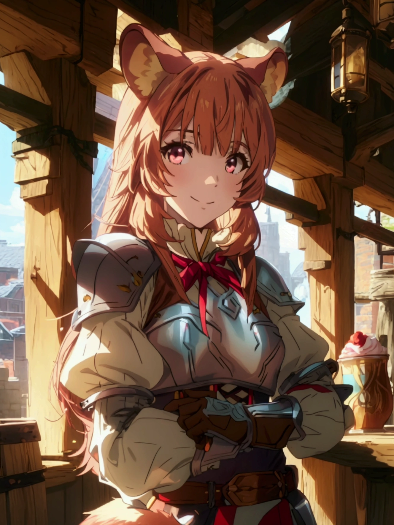 masterpiece, vibrant colours, hd, highres, absurdres, best quality, detailed, sharp, raphtalia, long hair, bangs, brown hair, animal ears, raccoon ears, raccoon tail, raccoon girl, pink eyes, smile, long sleeves, sweater, ribbed sweater, puffy sleeves, breastplate, red ribbon, gauntlets, glove, brown gloves, belt, skirt, armor, indoors, tavern, medieval, coffee, nature, looking at viewer, cowboy shot, dutch angle, dynamic pose,