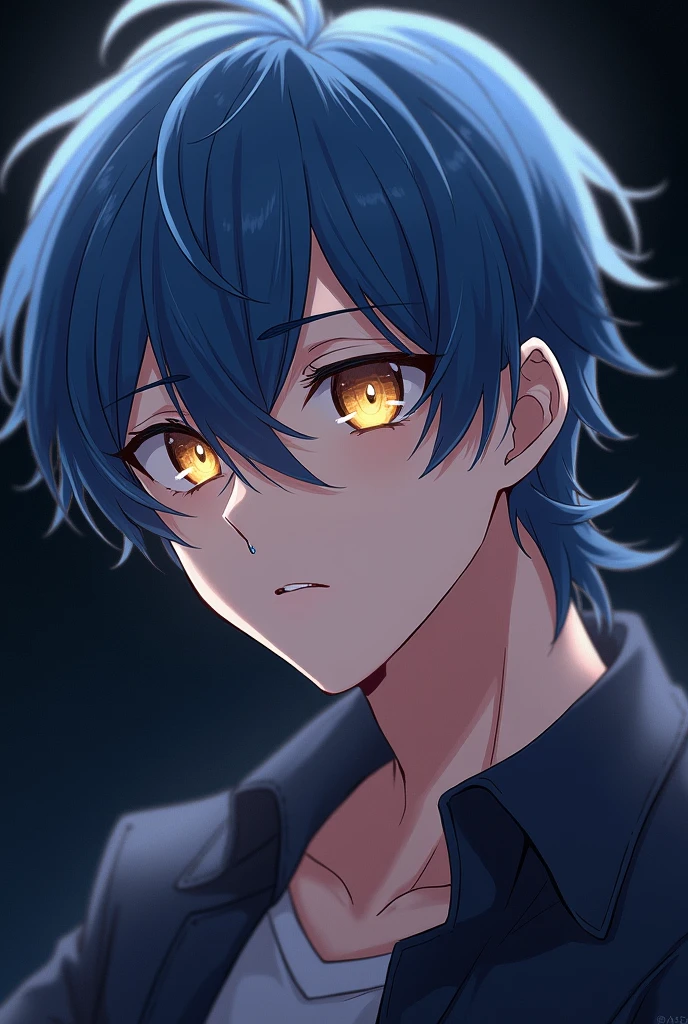 Create me a high quality male twitch profile picture with blue, medium length, tousled hair, brown eyes and a septum on the nose in anime style. The background is dark.