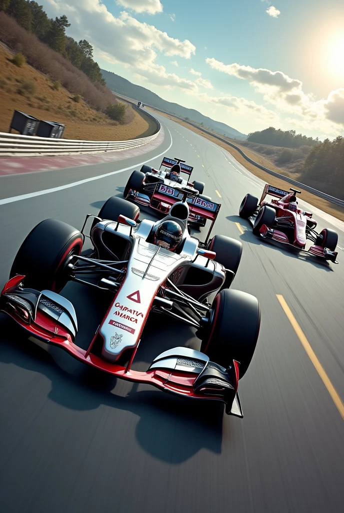 captain america driving his F1 car, behind him punisher driving his F1 car