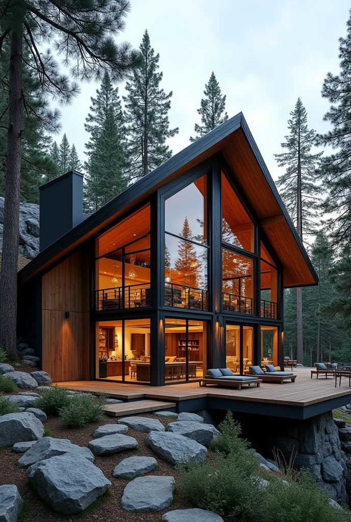 Generate me a cabin with lots of glass and a balcony Gable roof show me each area of the space