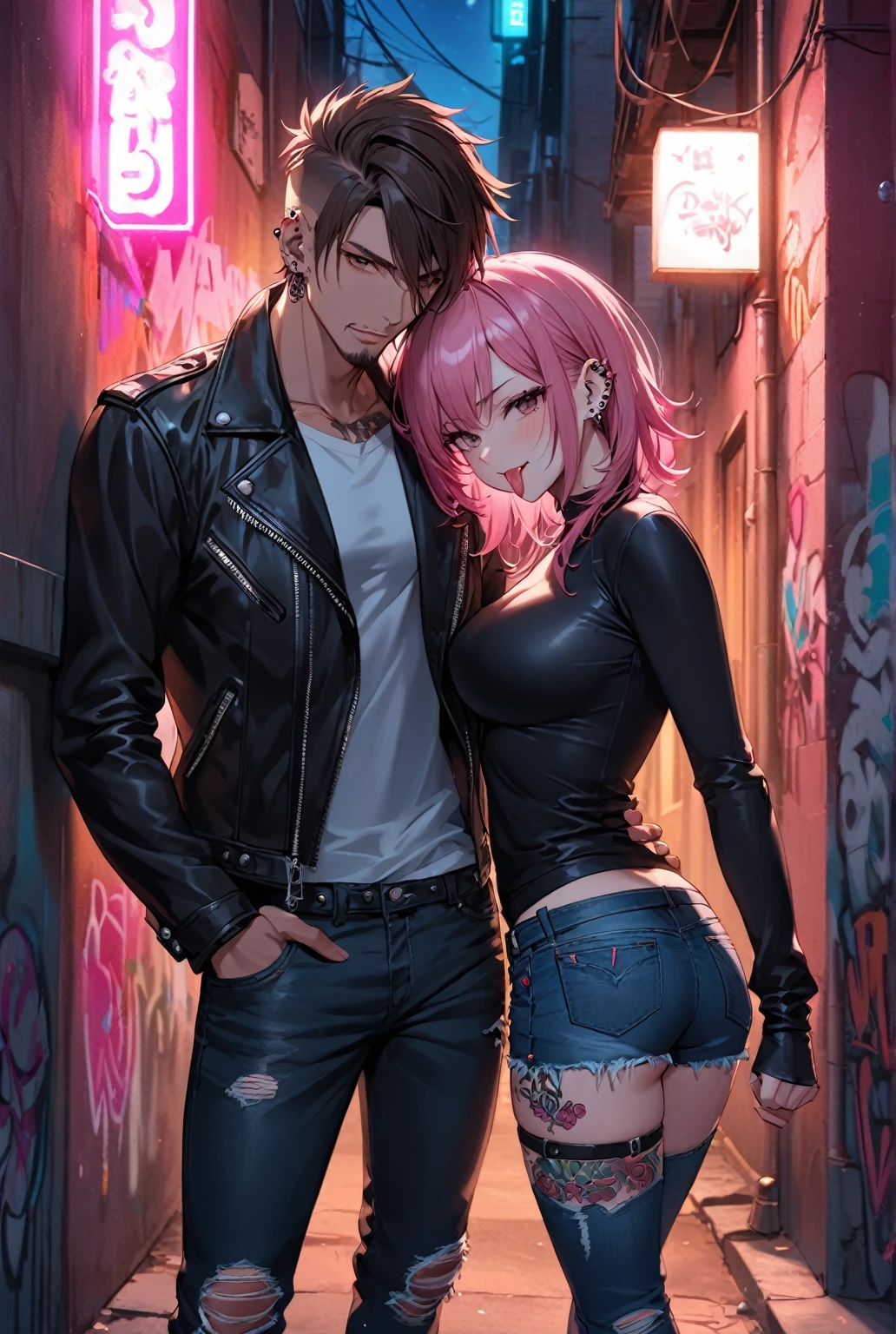 a couple of a man and a woman, detailed illustration, (masculine, mature man, dark brown haired man, dark brown eyes, sleepy eyes, punk leather jacket, ripped tight jeans, ears piercings, hugging the woman), (woman has pink hair shaved one side, wears black top, denim short, thick mascara, many ears piercings, tattoo on thigh, sticking tongue out, showing middle finger), both man and woman are looking at viewer, night time, neon light, night scene of back alley full of graffiti and neon light, full body shot, the man is taller than the woman,