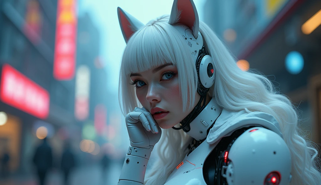 8K, RAW, best quality, masterpiece, ultra high res, colorful, portrait, (medium wide shot), (dynamic perspective), sharp focus , (depth of field, bokeh:1.3), extremely detailed eyes and face, beautiful detailed eyes, 
(Very noble and beautiful), Cinematic Light, (1 Mechanical anthropomorphic white wolf girl), Looking at viewer, White ceramic body, luminescent android blue eyes, black sclera, big cleavage, Solo, (Mechanical joints), (Mechanical limb), (Blood vessels attached to telemechanical spine attached to the back), (Mechanical cervical vertebrae attached to neck), (Wires and cables attached to the head and body), neon details, Science fiction, full body shot, The background is Cyberpunk City, realistic, hand on face