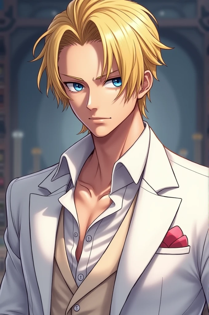Create a One Piece character in Sanji fanart, a man with blue eyes, hair on one side and blonde, covering his right eye, with swirly eyebrows, elegant white and blush suit.