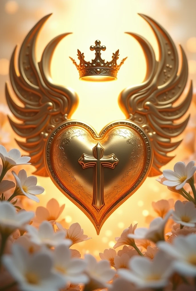 A 3D gold twisted heart with wings and a cross next to it,  a crown over the heart that says &#39;We are one&#39; over the image with white flowers