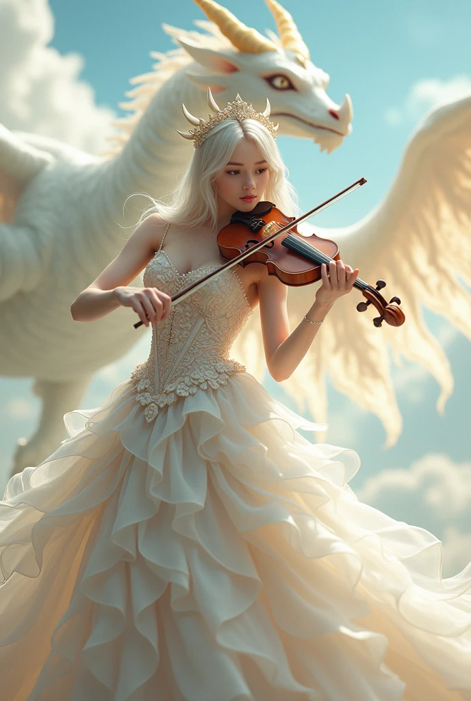 Woman with soft and unreal angelic anime face. with an hourglass body, big bust and big sexy and daring butt. With a not so big angelic crown and plays the violin. At some distance from her (behind) you can see a white dragon with 4 horns, its color white and beautiful in appearance. That I am in a kind of heaven, with aura and solitude, calm, with wavy, long and silky hair. The dress is a long and elegant fantasy style design, with a focus on angelic and ethereal details. It is made up of several layers of light fabric that create a voluminous and fluid effect. The top of the dress has a tight corset that accentuates the waist, decorated with intricate embroidery of floral motifs and feathers. From the waist, the dress opens into a full skirt that cascades in multiple layers, each with soft ruffles that add texture and movement to the ensemble.