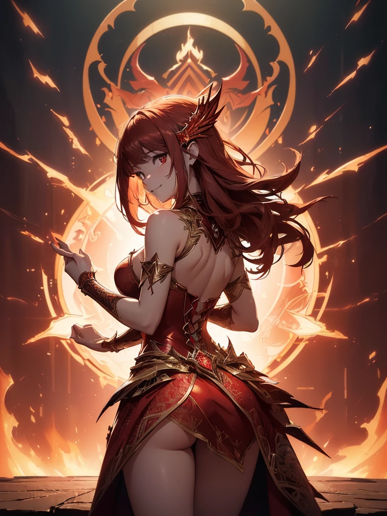 (((best quality, sharp image, clear image, cinematic lighting, 8k resolution, masterpiece, ultra detailed, intricate))) Girl, sorcerer, cute, intricate dress, smiling, fiery red, ((intricate background)), (rune frame), dimension, ((shot from behind)), fire sigils, chaotic background, ((half-body shot))