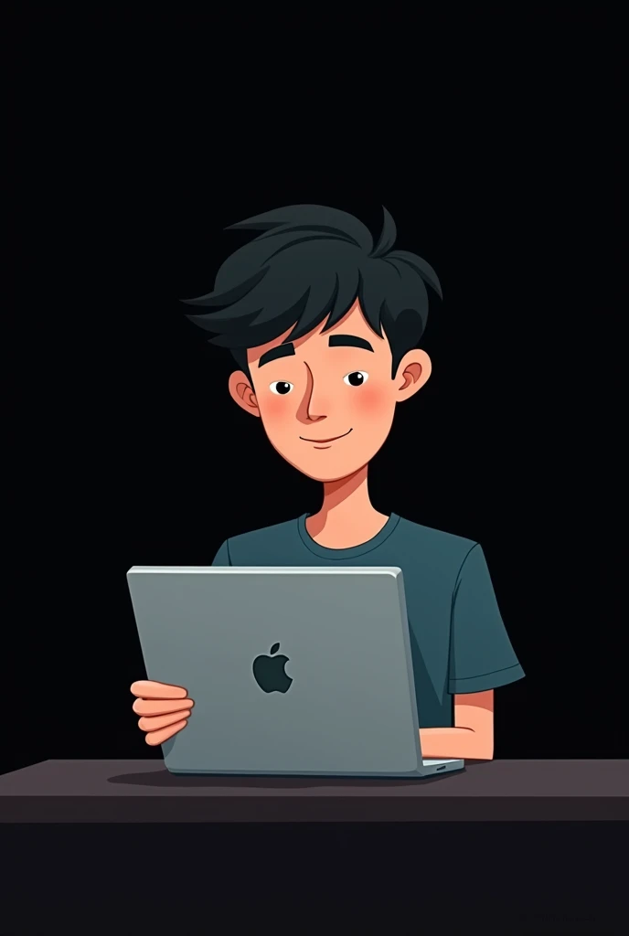 cartoon image of a young man with black hair and light skin tone that is slightly brown , with an open laptop in his hands, , only what was written in the photo the background of the image is black