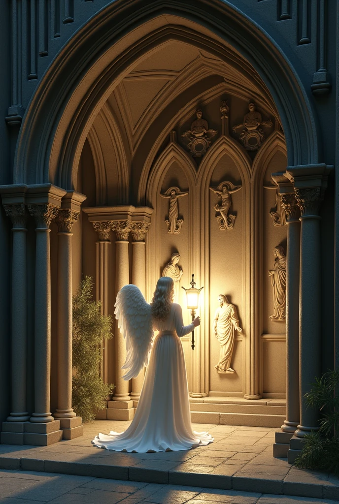A small concrete chapel of the Stations of the Cross with a Gothic structure with an angel with a lamp illuminating the image