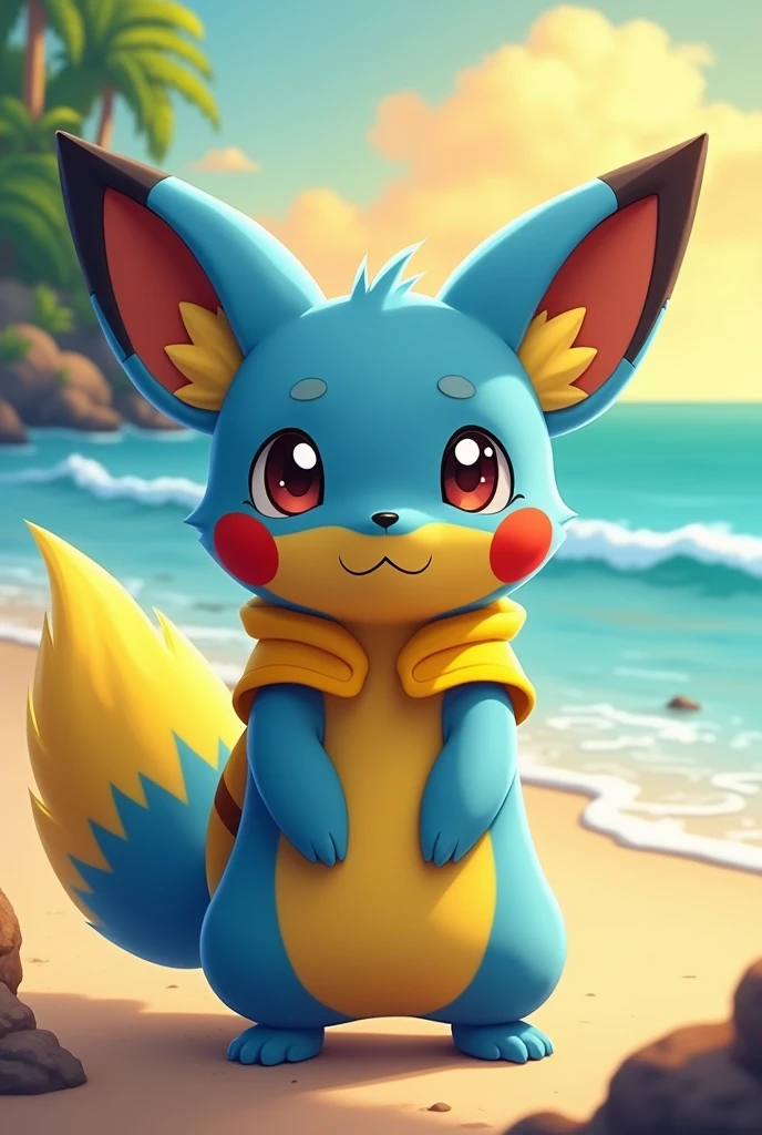 Blue Fox in the beach wearing pikachu outfit
