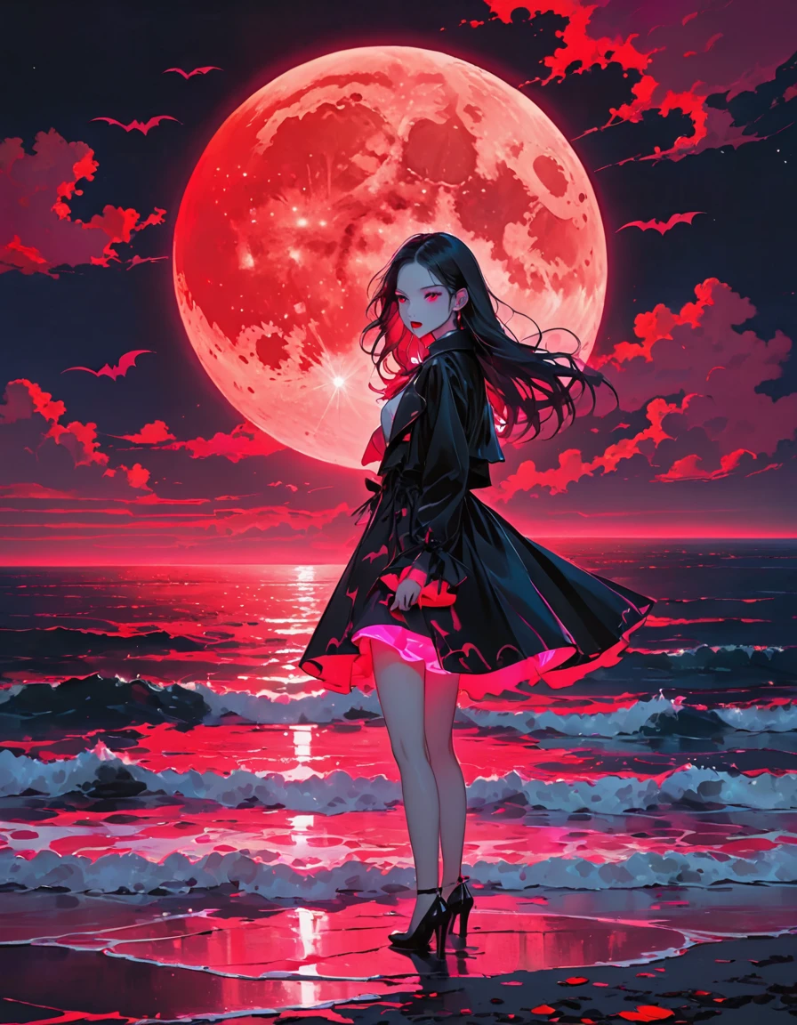 pink neon vampire, dark ocean, night, red moon