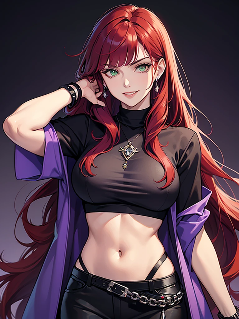 green eyes, red hair with long bangs, noble. wavy long hair. strong woman. she quiet. wear purple and black t shirt. dominant woman. mafia. mature woman. girl boss. badass woman. gangster. hair so long have bangs. gangster. wear winter purple jacket. kind smiling. red hair