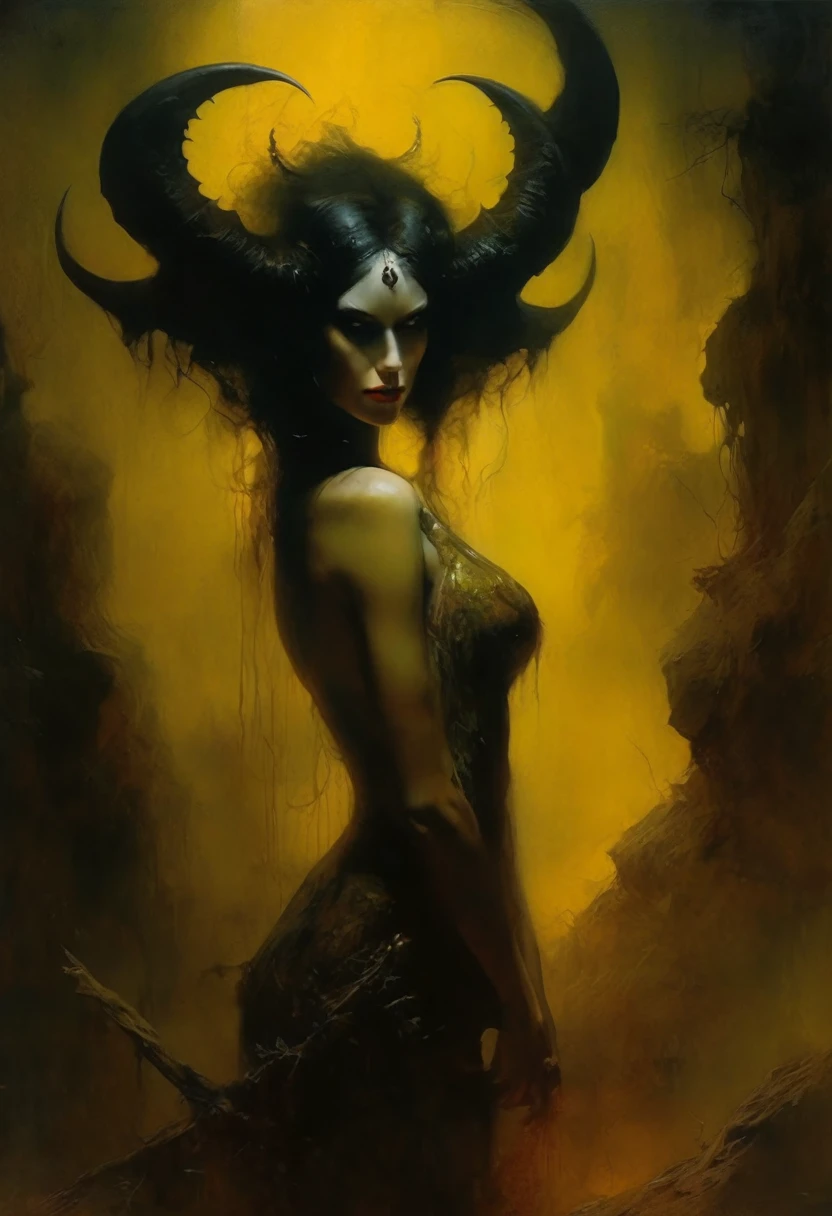 Gloomy, creepy horror, something out of this world. (Female Succubus-demon of lust and debauchery), evil but beautiful face, glossy dark cherry-yellow hellish look, scary-beautiful expressive look in the style of Frank Frazetta, Aykut Aydogdu, Pino Daeni, Charlie Bowett, Albert Joseph Peno, Ray Caesar, Tetsuya Ishida. Zdzislaw Beksinski. masterpiece. Best quality. Beautiful cinematic impressionistic painting in the style fairytale background) (Minimalism: 1), original details. Ashley Wood style. Stephen Gammell.
