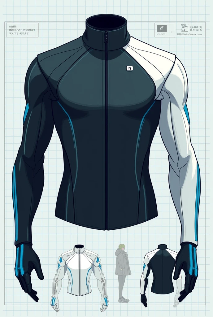 Design a sleek, futuristic jacket with a flat, minimalistic illustration style. The jacket should have a high collar and be mostly black (75%), with subtle blue (10%) lines running down the sleeves and across the chest. Use white (15%) for the right sleeve to create contrast, with blue lines on the white sleeve. A small, white 'M' should be placed on the left shoulder. Display the jacket in multiple views on a grid background, focusing on clean lines and a technical, schematic appearance