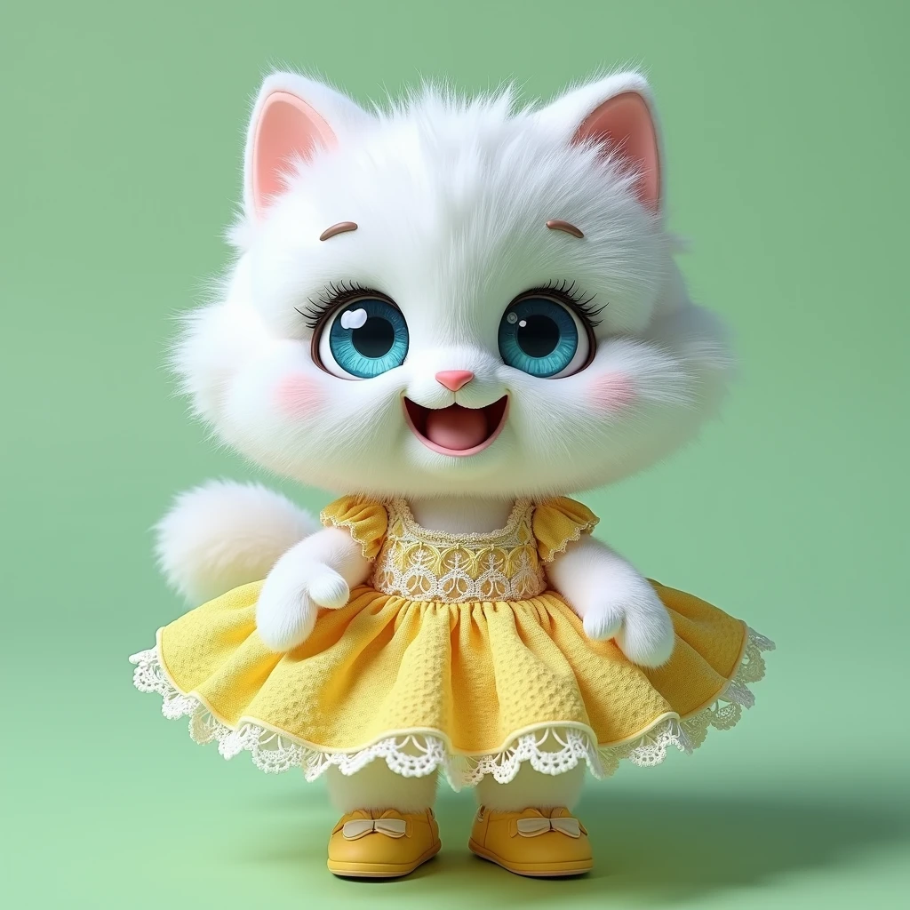 full length,do not cut your head,plush very fluffy cat, White wool, like a stoat, Stands on its hind legs, in a yellow lace dress, yellow shoes, blue doll eyes with big eyelashes, smiles with open mouth, speaks, moves his paws, spreading out the sides, 3D стиль, 8k , 4K, HD, clean background, style, I guess, votive