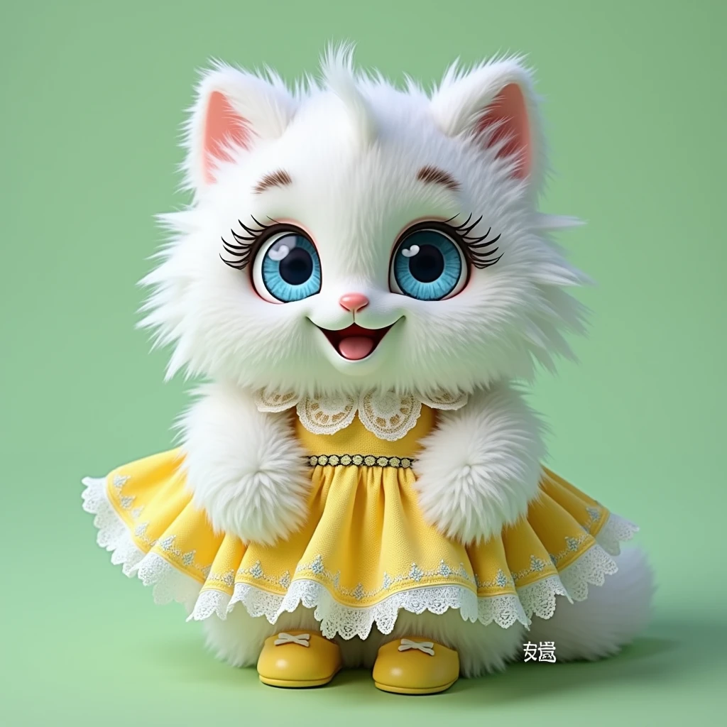 full length,do not cut your head,plush very fluffy cat, White wool, like a stoat, Stands on its hind legs, in a yellow lace dress, yellow shoes, blue doll eyes with big eyelashes, smiles with open mouth, speaks, moves his paws, spreading out the sides, 3D стиль, 8k , 4K, HD, clean background, style, I guess, votive