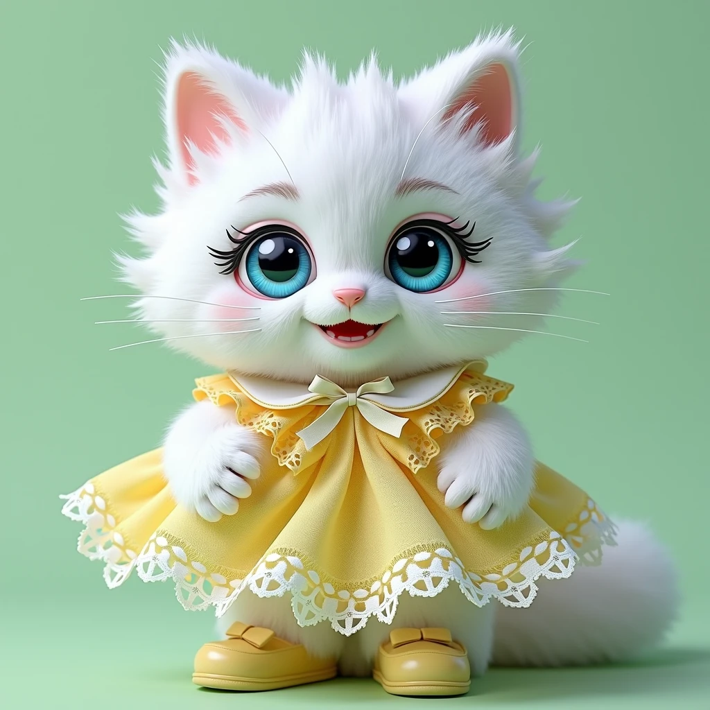 full length,do not cut your head,plush very fluffy cat, White wool, like a stoat, Stands on its hind legs, in a yellow lace dress, yellow shoes, blue doll eyes with big eyelashes, smiles with open mouth, speaks, moves his paws, spreading out the sides, 3D стиль, 8k , 4K, HD, clean background, style, I guess, votive