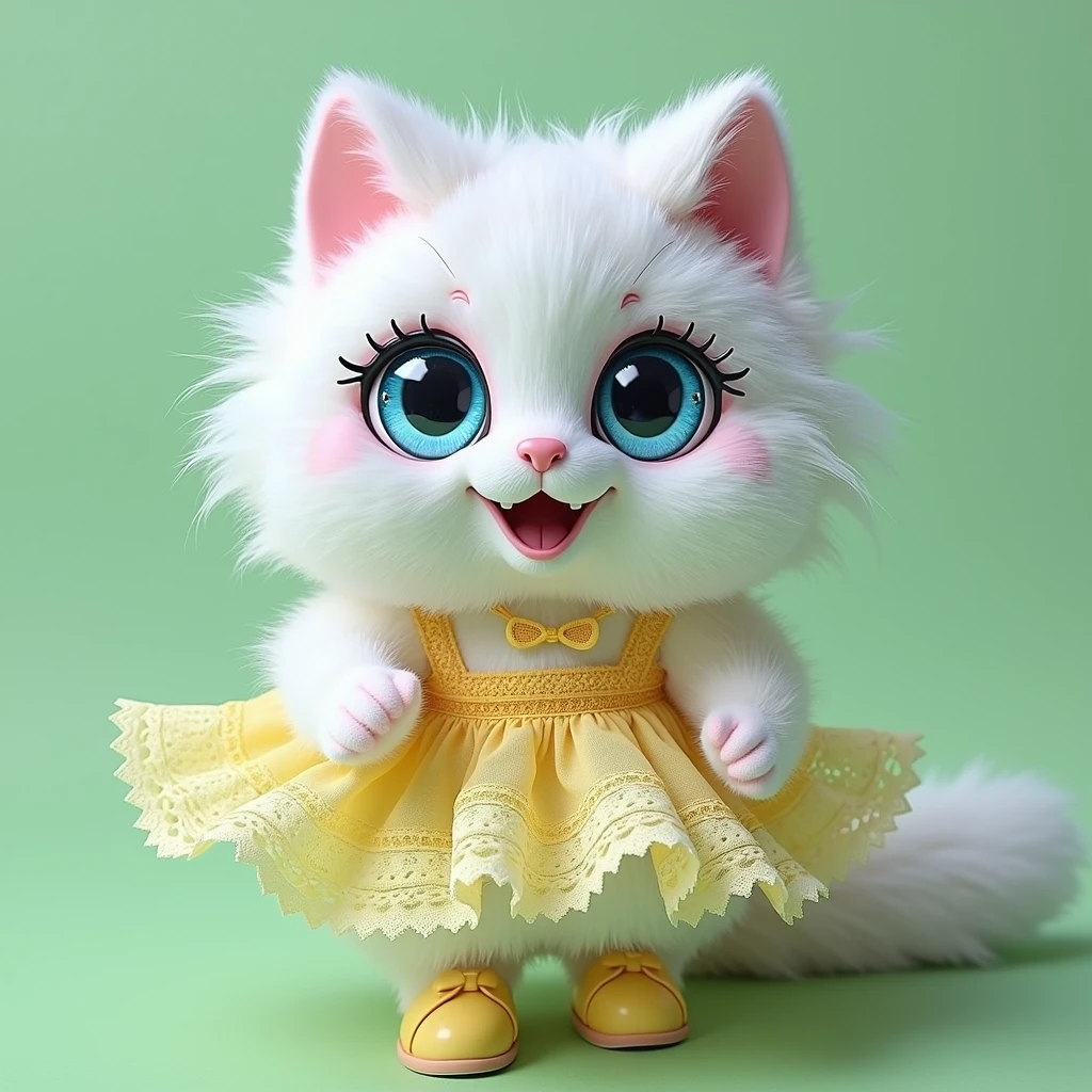 full length,do not cut your head,plush very fluffy cat, White wool, like a stoat, Stands on its hind legs, in a yellow lace dress, yellow shoes, blue doll eyes with big eyelashes, smiles with open mouth, speaks, moves his paws, spreading out the sides, 3D стиль, 8k , 4K, HD, clean background, style, I guess, votive