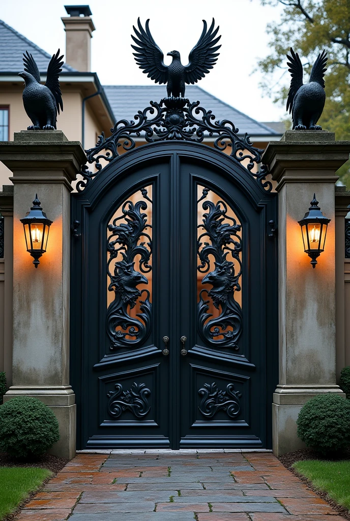 Here's a short description:
**Portal Style Mansion Gate:**
- **structure:** Wrought iron double gate with 3 high arches,5 meters.
- **detaileds:** Metal eagle sculptures on top, with half-open wings.
- **Design:** Panels with arabesques and natural motifs in relief.
- **Porta Central:** Small recessed door with eagle claw shaped handles.
- **Finishing:** dark tone (matte black or aged bronze) with rustic details.
- **Lighting:** Medieval lanterns on the side columns, highlighting the eagles at night.