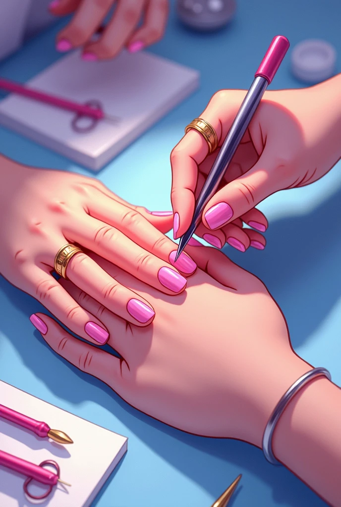 HAND OF A PERSON AND HAND OF A MANICURIST FIXING NAILS ANIMATED DRAWING WITH PINK AND BLUE COLORS AND IN WHICH THE MANICURE TOOLS CAN BE SEEN AS IF THEY WERE ON A TABLE WITH THEIR 5 FINGERS AND THAT THEIR FINGERS HAVE BEAUTIFUL NAILS WITH GOLD RINGS, that only one hand is seen, that it has very good lighting for a nail logo that the color of the two hands are different