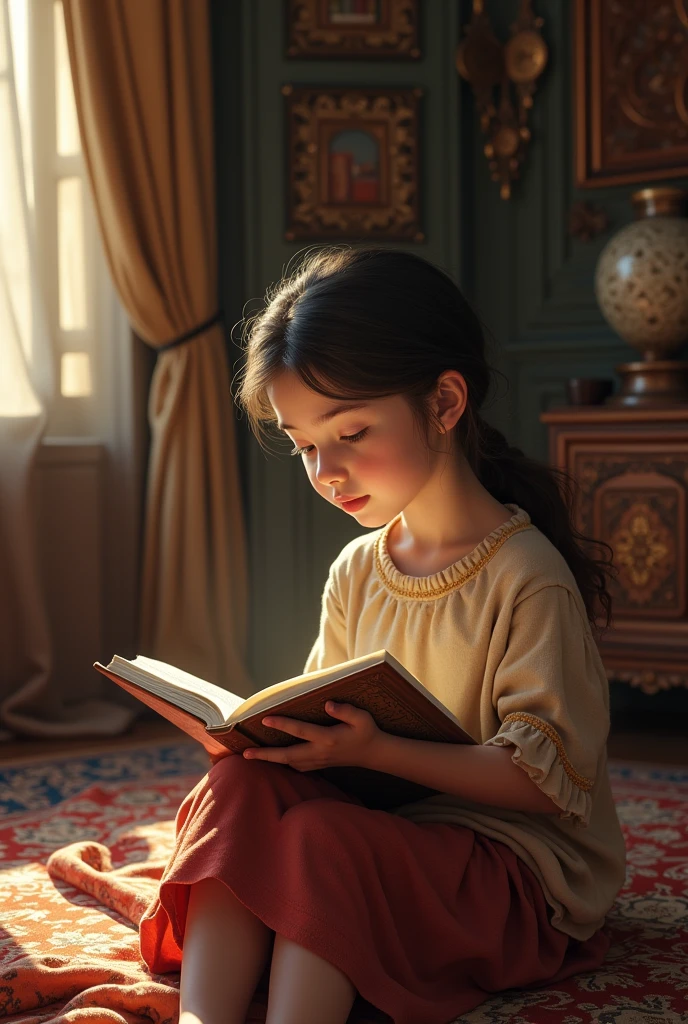 Clever and intelligent girl reading a book is sitting in her room. We understand that it is a Turkish house
