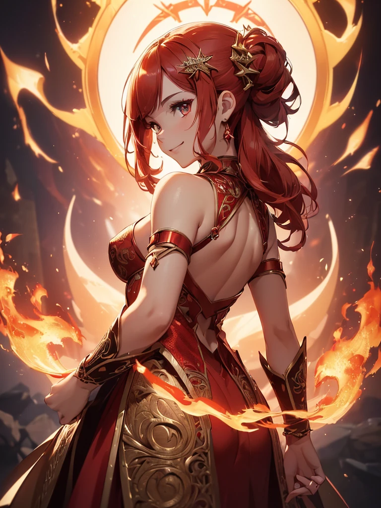 (((best quality, sharp image, clear image, cinematic lighting, 8k resolution, masterpiece, ultra detailed, intricate))) Girl, sorcerer, cute, intricate dress, smiling, fiery red, ((intricate background)), (rune frame), dimension, ((shot from behind)), fire sigils, chaotic background, ((half-body shot))