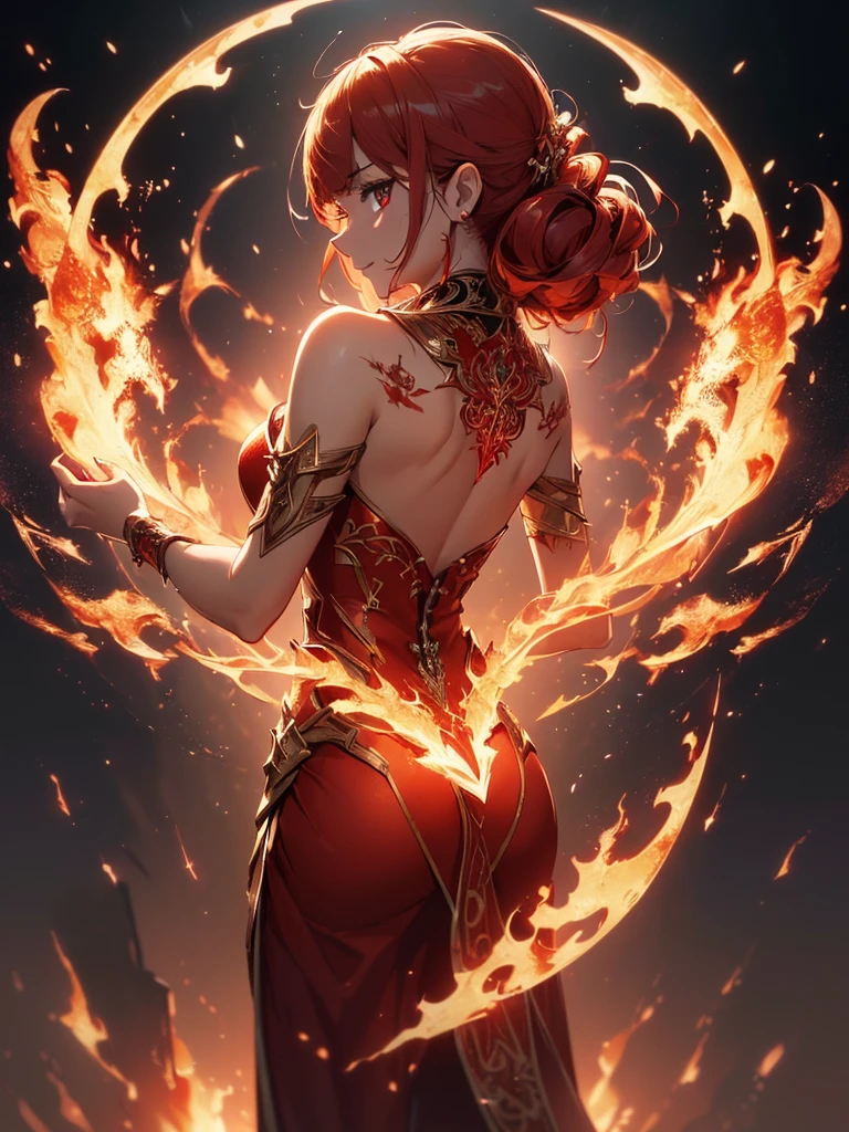 (((best quality, sharp image, clear image, cinematic lighting, 8k resolution, masterpiece, ultra detailed, intricate))) Girl, sorcerer, cute, intricate dress, smiling, fiery red, ((intricate background)), (rune frame), dimension, ((shot from behind)), fire sigils, chaotic background, ((half-body shot))