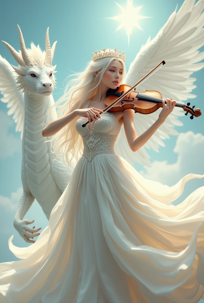Woman with soft and unreal angelic anime face. with an hourglass body, big bust and big sexy and daring butt. With a not so big angelic crown and plays the violin. At some distance from her (behind) you can see a white dragon with 4 horns, its color white and beautiful in appearance. That I am in a kind of heaven, with aura and solitude, calm, with wavy, long and silky hair. The dress is a long and elegant fantasy style design, with a focus on angelic and ethereal details. It is made up of several layers of light fabric that create a voluminous and fluid effect. The top of the dress has a tight corset that accentuates the waist, decorated with intricate embroidery of floral motifs and feathers. From the waist, the dress opens into a full skirt that cascades in multiple layers, each with soft ruffles that add texture and movement to the ensemble.
