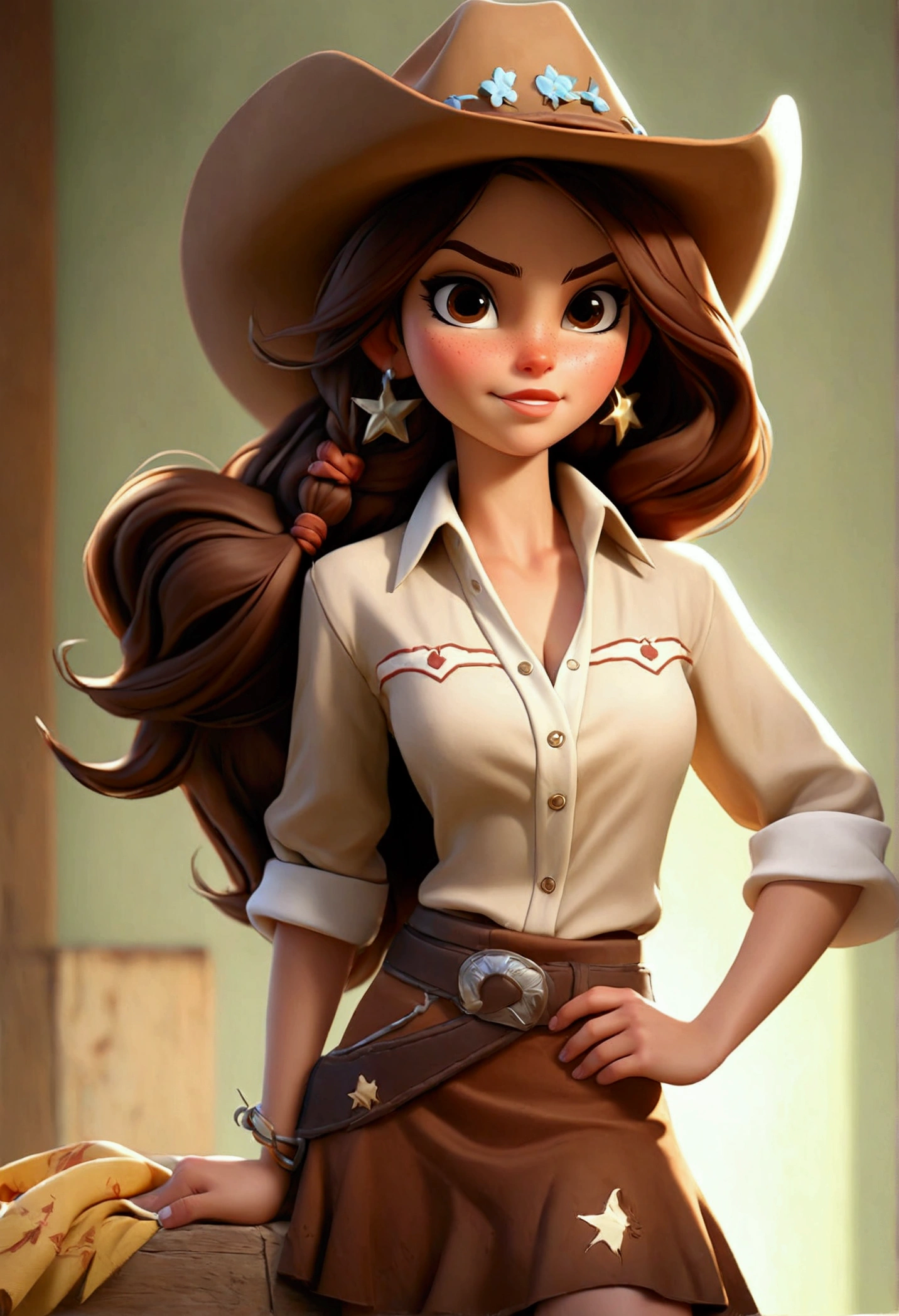 (Best quality, high resolution: 1.2), Ultra-detailed, (Realistic: 1.37) brunette, médium brown hair, brown eyes, med chest, 19 years, full body, whith a skirt and shirt cowgirl style