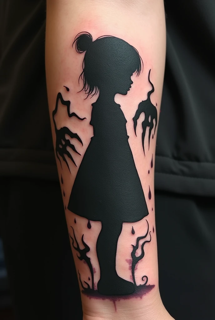 Tatouage homme avant bras silhouette enfant (petite fille) avec une ombre démoniaques