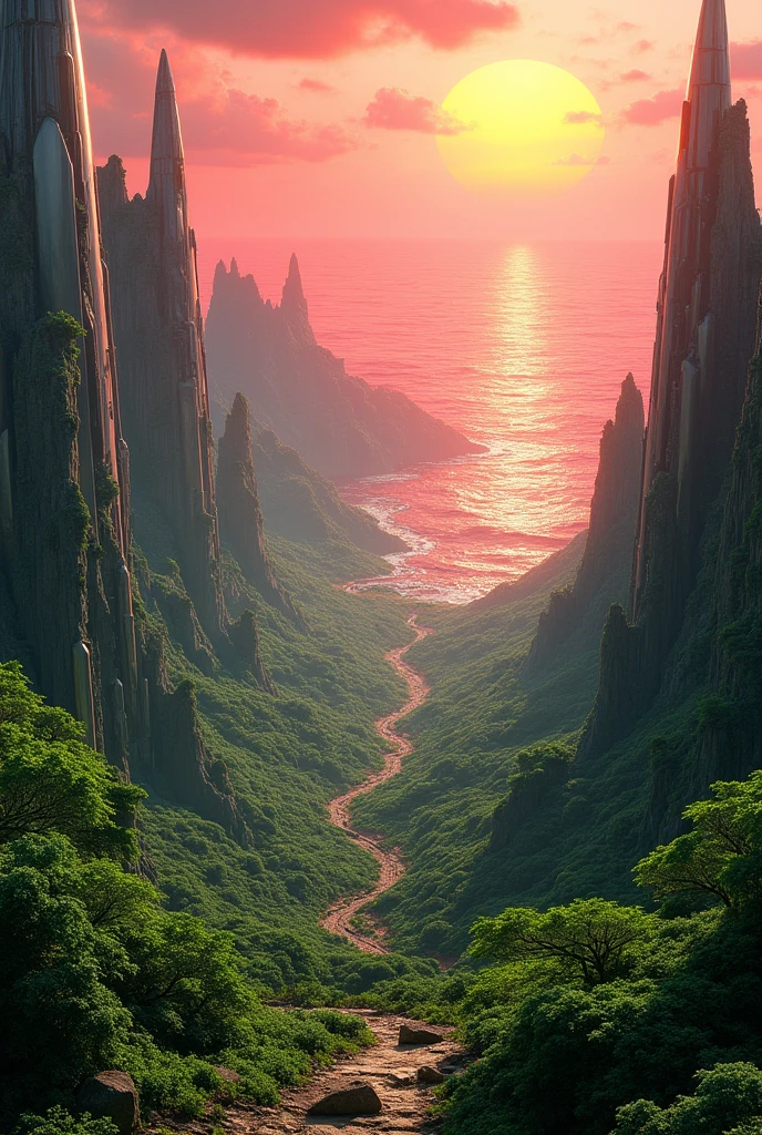 Futuristic landscape,surrounded by red ocean, hyper ,splendid green environment