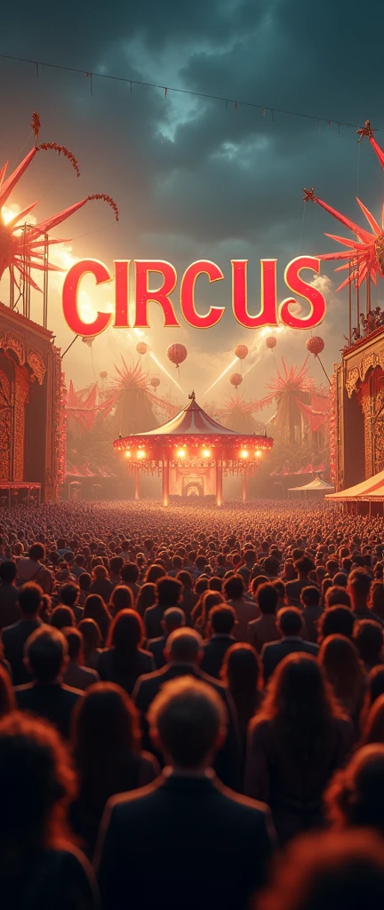 design cinematic circus pic with huge crowd of people and circus written in above camp with subtitle 'a journey through time' with size of powerpoint presentation