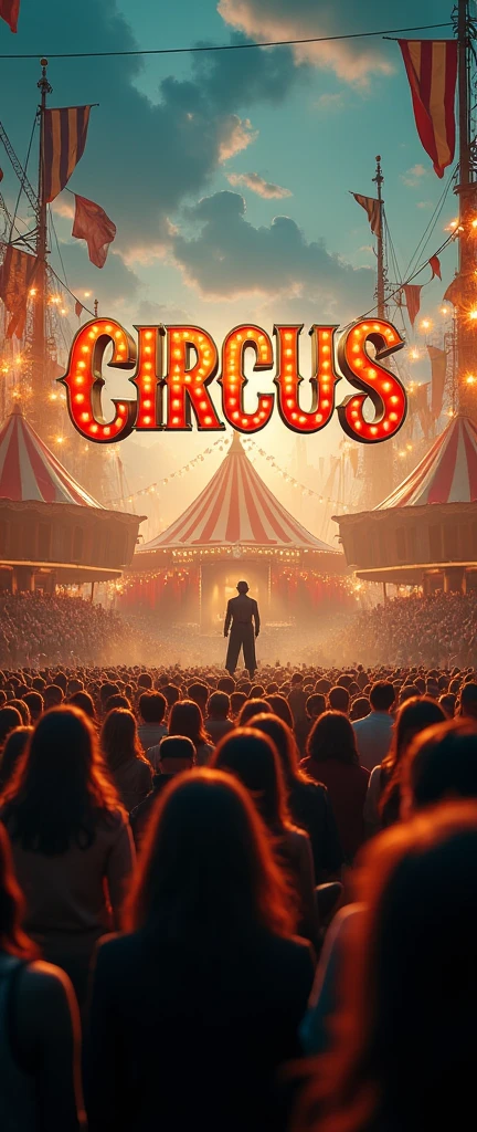 design cinematic circus pic with huge crowd of people and circus written in above camp with subtitle 'a journey through time' with size of powerpoint presentation