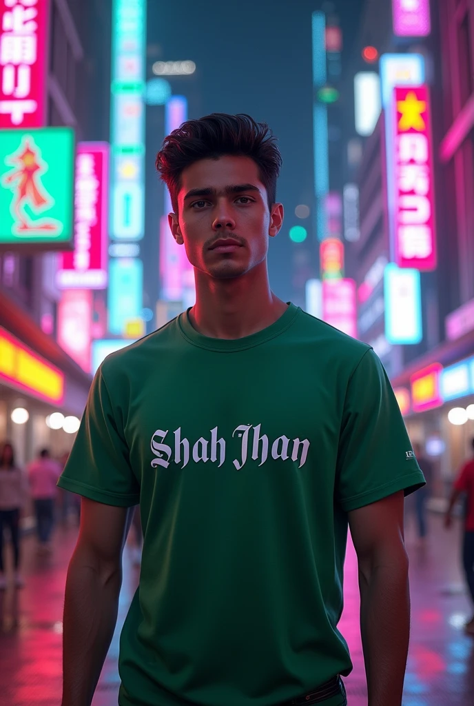 Handsome boy standing next to neon city with the green shirt with text ' shah jhan'