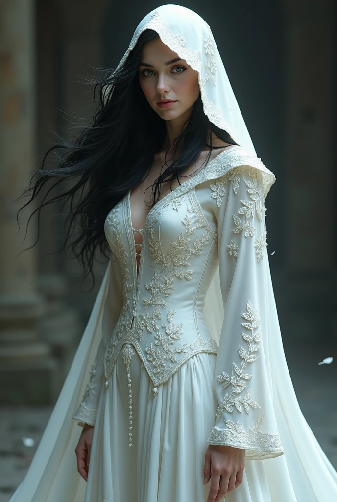 A white witch with black hair, grey-eyed, Her hair is covered by a hood, small strands of hair showing, and although his face is respectfully solemn, her full lips white wedding dress embroidered with oak leaves with slits on both legs 