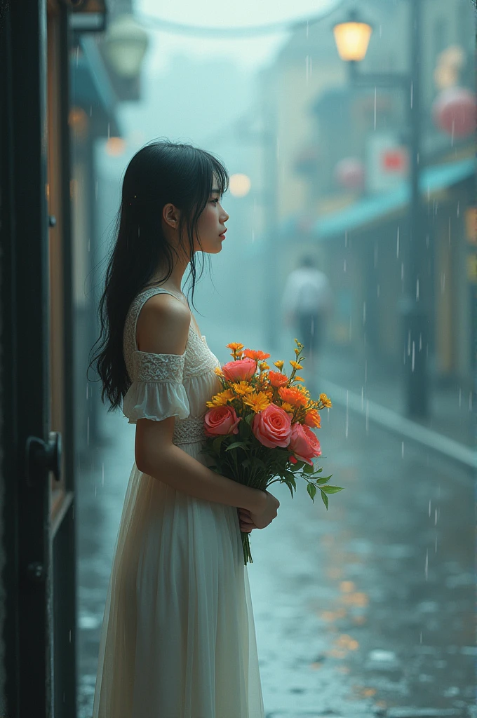 A girl with flower waiting for his lover in rainy day.